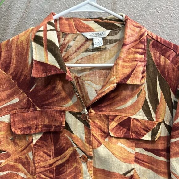#577 Conrad C vintage linen, tropical short sleeve button-down top size 16 - Picture 2 of 11